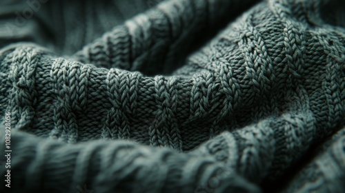 Close up view of textured dark green knit fabric showcasing intricate pattern...
