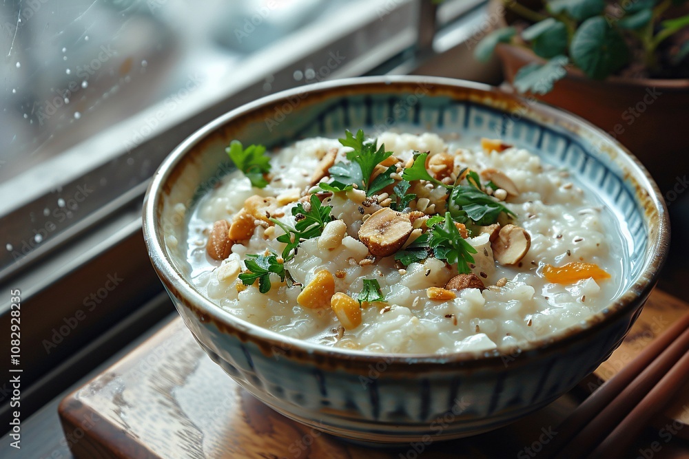 A bowl of creamy rice porridge is garnished with chopped nuts and fresh herbs, placed on a wooden surface near a window. Soft sunlight highlights the comforting dish A bowl of creamy rice porridge is garnished with chopped nuts and fresh herbs, placed on a wooden surface near a window. Soft sunlight highlights the comforting dish