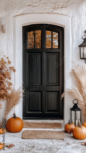 Charming autumn entrance with pumpkins, lanterns, and decorative grasses in a...