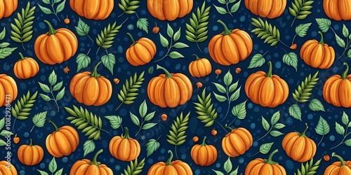 Seamless Pattern with Pumpkins and Leaves on Blue Background, Autumn , Fall