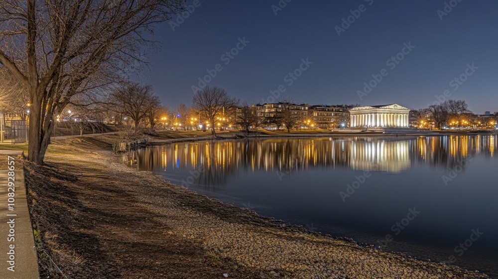 Obraz premium Night view of Lincoln Memorial at Reflecting Pool