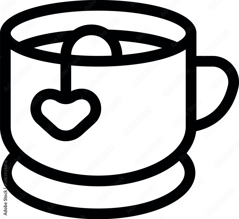 Simple line drawing of a steaming cup of tea with a heart shaped tea bag, representing love, warmth, and comfort Simple line drawing of a steaming cup of tea with a heart shaped tea bag, representing love, warmth, and comfort