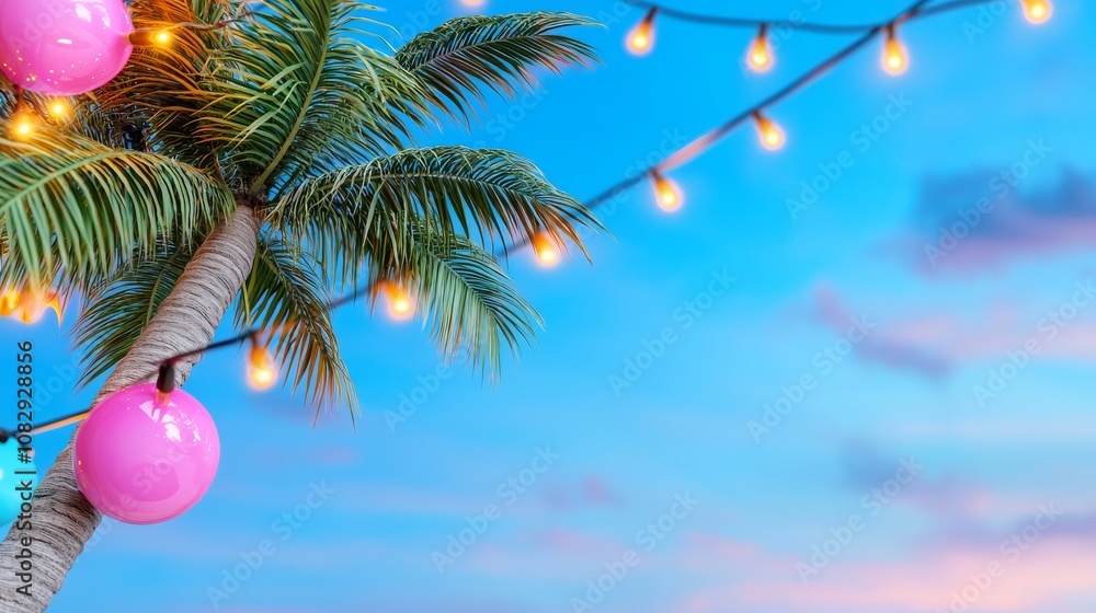 Obraz premium Christmas garlands and fairy lights decorated palm trees illuminated by LED bulbs against a blue night sky, creating a festive atmosphere