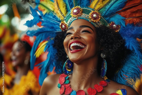 A joyful woman in a feather headdress smiles at a lively carnival celebration