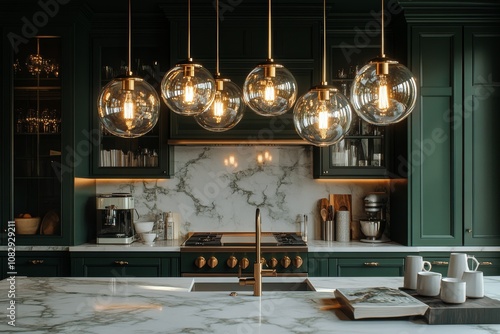 A modern kitchen showcases a beautiful marble countertop with a sophisticated...