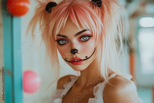 A young woman with pink hair and clown makeup poses for a portrait against a ...