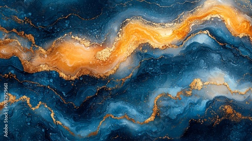 Abstract artwork featuring swirling blue and orange hues with a metallic gold accent.