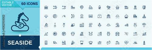 Seaside vector line icon set. Featuring vacation, water, holiday, nature, ocean, sun, beach, sunglasses. Outline icon collections. Vector line and solid icons.