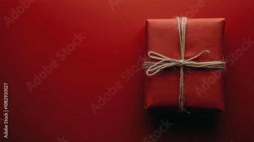 Holiday gift wrapped in brown paper sits on a red background with decorative ...