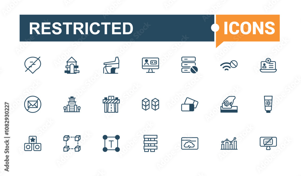 Restricted icon set. Containing on, stroke, secure, protect, safe and more. Minimalist thin linear icon. Solid line editable vector illustration. Restricted icon set. Containing on, stroke, secure, protect, safe and more. Minimalist thin linear icon. Solid line editable vector illustration.