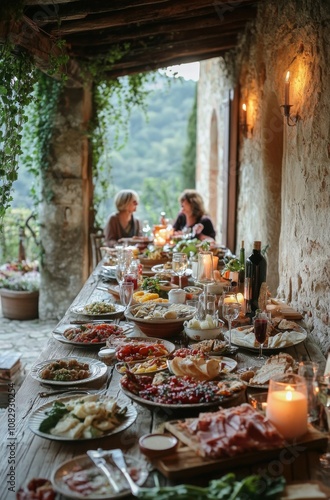 Gathering around a cozy dinner table with candlelight and delicious food in a...