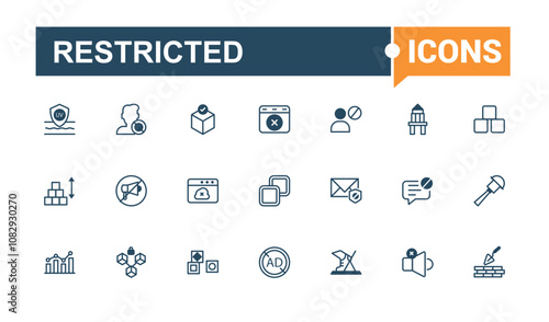 Restricted icon set. Containing on, stroke, secure, protect, safe and more. Minimalist thin linear icon. Solid line editable vector illustration.