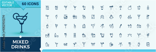 Mixed Drinks linear icon collection. Contains such icons as water, beer, tai, champagne, cognac, restaurant and more. Simple icon designs. Solid line editable stroke. Vector line and solid icons.