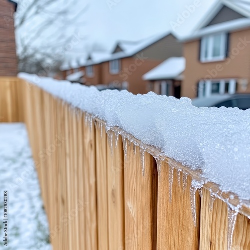 Close-up of a wooden fence covered in snow and icicles. The fence is in front of a row of houses in the background. photo