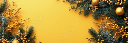 Decorative green pine branches and golden ornaments on a vibrant yellow backg...