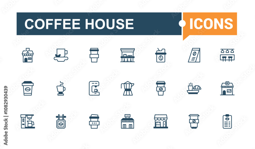 Coffee house icons. Includes icons for cup, graphic, milk, breakfast, shop and more. Minimal linear icons. Solid line editable stroke. Coffee house icons. Includes icons for cup, graphic, milk, breakfast, shop and more. Minimal linear icons. Solid line editable stroke.