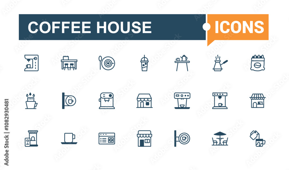 Coffee house icons. Includes icons for cup, graphic, milk, breakfast, shop and more. Minimal linear icons. Solid line editable stroke. Coffee house icons. Includes icons for cup, graphic, milk, breakfast, shop and more. Minimal linear icons. Solid line editable stroke.