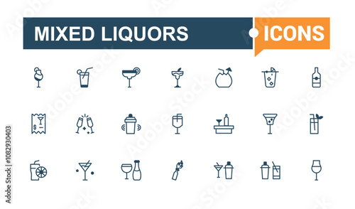 Mixed Liquors icons in linear style. Contains related to lemon, fresh, tequila, cosmopolitan, cocktail, wine, whiskey, beer. Modern thin icons. Outline and solid pictogram.