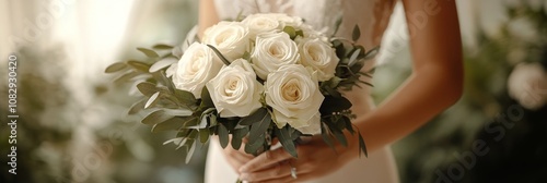 Elegant bridal bouquet held by a bride in a soft outdoor setting during golde...