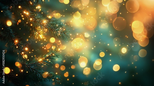 A close up view of a Christmas tree branch adorned with glowing lights during...