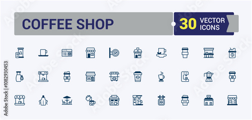 Coffee Shop linear icon collection. Featuring machine, cafe, milk, breakfast, bean, shop, tea. Modern thin icons. Solid line editable stroke.