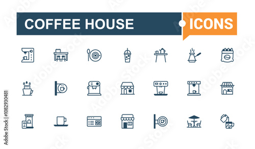 Coffee house icons. Includes icons for cup, graphic, milk, breakfast, shop and more. Minimal linear icons. Solid line editable stroke.