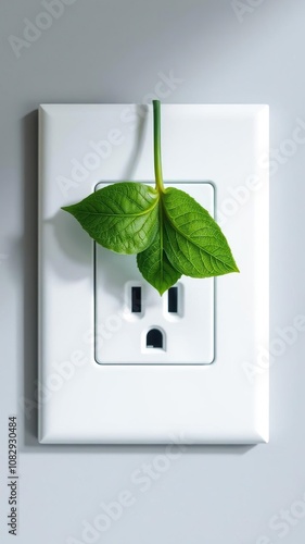 A green leaf unexpectedly emerging from a wall socket, surprise, outlet photo