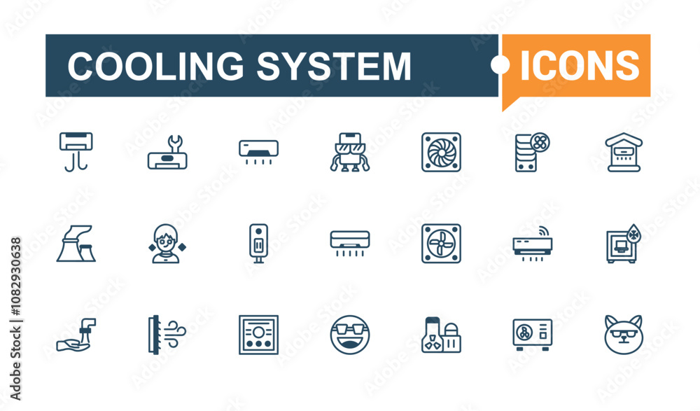 Cooling System line web icon set. Featuring condition, snow, ice, purify, fan, conditioner, snowflake. Simple line and solid vector. Vector illustration in modern line style. Cooling System line web icon set. Featuring condition, snow, ice, purify, fan, conditioner, snowflake. Simple line and solid vector. Vector illustration in modern line style.