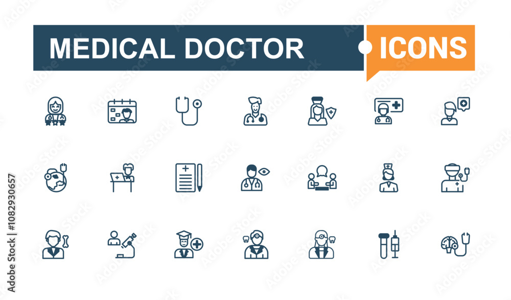 Medical Doctor linear icon collection. Contains such icons as service, health, physician, doctor, medicine, surgery and more. Solid line editable stroke. Medical Doctor linear icon collection. Contains such icons as service, health, physician, doctor, medicine, surgery and more. Solid line editable stroke.