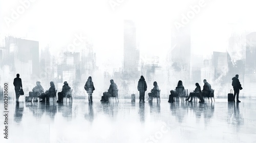 Silhouettes of people sitting in an urban setting with soft lines and an abstract background of buildings and reflections