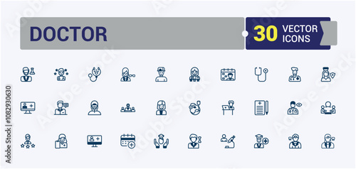 Doctor icon collection. Contains related to prescription, medicine, physician, man, service, care, pharmacy, profession. Minimalist thin linear icon. Solid line editable stroke.