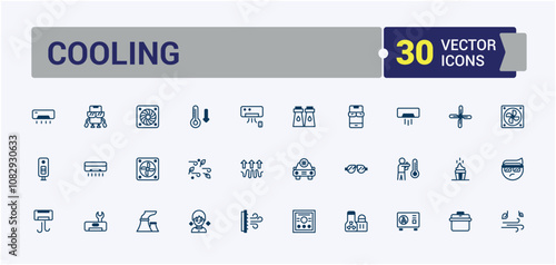 Cooling vector line icon set. Includes thin line house, cold, climate, dry, condition and more. Simple icon designs. Vector outline and solid icons collection.