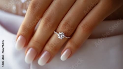 Elegant diamond ring on a womans hand with neutral colored manicure in natura...