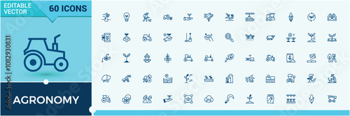 Agronomy thin line icon set. Contains related to wheat, agriculture, grain, grow, rain, water, organic and more. Outline icons pack. Solid line editable stroke. Vector line and solid icons.