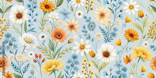Watercolor Floral Pattern with Daisies, Yellow, Blue and Orange Flowers on Pastel Blue Background, Seamless Pattern, Floral Design, Botanical Art, Floral Wallpaper