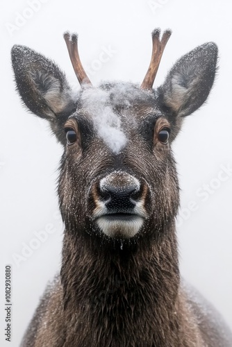 Close-up portrait of a deer with snow on its antlers and face, looking directly at the camera against a blurred white background.