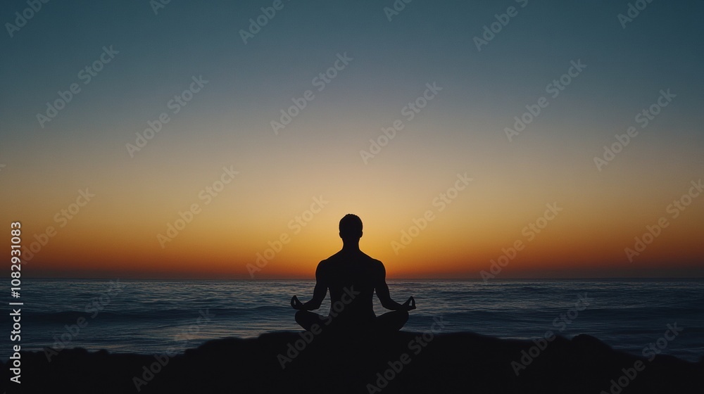 A silhouette sits in meditation against a vibrant sunset over calm ocean waves, creating a peaceful atmosphere. Generative AI A silhouette sits in meditation against a vibrant sunset over calm ocean waves, creating a peaceful atmosphere. Generative AI