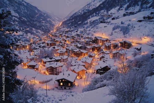 Snow covered village illuminated at night in a mountainous landscape during w...