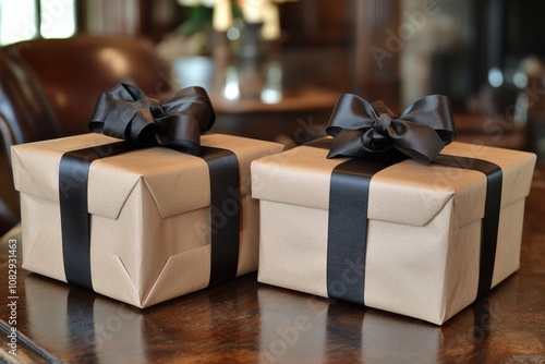 Gift wrapped packages with black ribbons resting on a rustic wooden table in ...