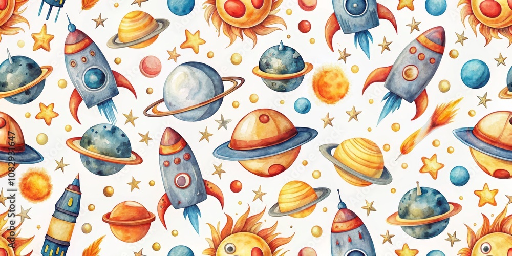 Watercolor Seamless Pattern of Planets, Rockets, Stars, and Sun, Space, Watercolor Pattern, Outer Space Watercolor Seamless Pattern of Planets, Rockets, Stars, and Sun, Space, Watercolor Pattern, Outer Space