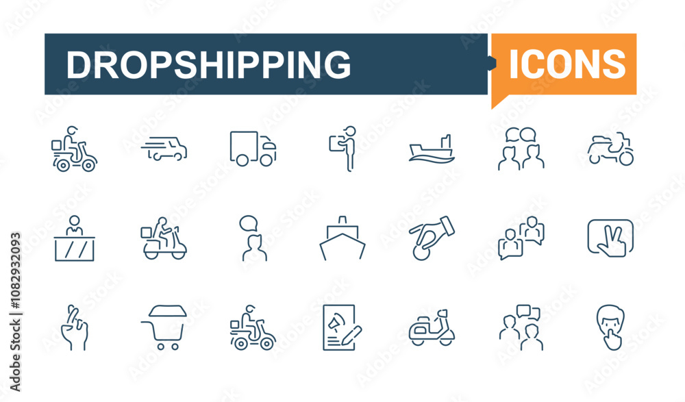 Dropshipping icon collection. Contains such icons as pack, work, search, graphic, storage. Isolated icons design. Outline and solid pictogram. Dropshipping icon collection. Contains such icons as pack, work, search, graphic, storage. Isolated icons design. Outline and solid pictogram.
