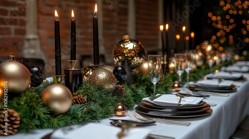 Elegant holiday dinner table decorated with black and gold ornaments and cand...