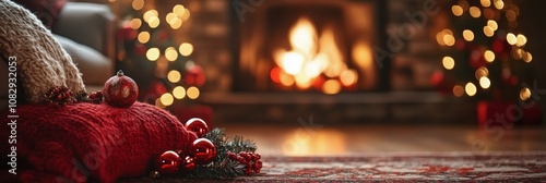 Cozy living room setting with holiday decorations and a warm fireplace glow d...