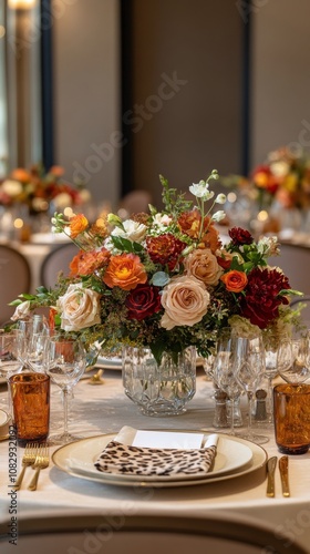 Beautiful floral arrangement on an elegant dining table during a spring gathe...