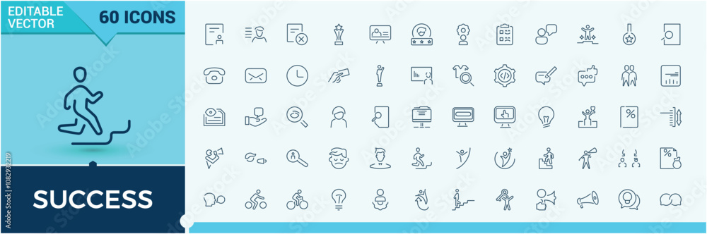 Success vector line icon set. Includes thin line development, career, prize, medal, man, success and more. Set of line pictogram. Editable vector stroke. Success vector line icon set. Includes thin line development, career, prize, medal, man, success and more. Set of line pictogram. Editable vector stroke.