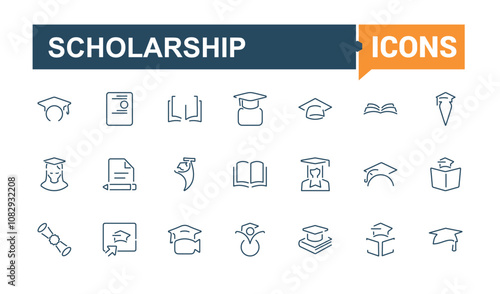 Scholarship icon pack. Related to education, class, scholar, learn, classroom, lecture, bachelor and more. Outline symbol collection. Vector line and solid icons.