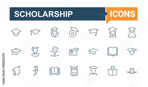 Scholarship icon pack. Related to education, class, scholar, learn, classroom, lecture, bachelor and more. Outline symbol collection. Vector line and solid icons.