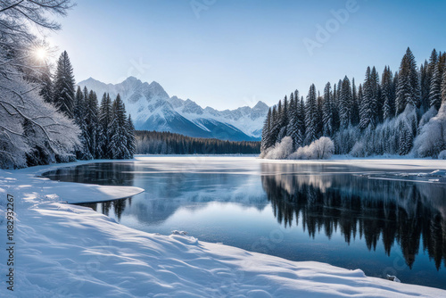 Scenic winter lake reflecting snow-covered mountains.