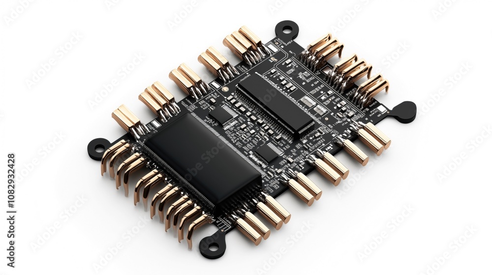 Close-up view of a black printed circuit board with electronic components and gold-colored connectors on a white background. Close-up view of a black printed circuit board with electronic components and gold-colored connectors on a white background.