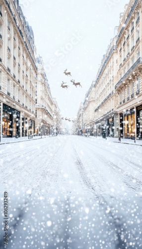 Empty street in the city covered in snow with three birds flying overhead.